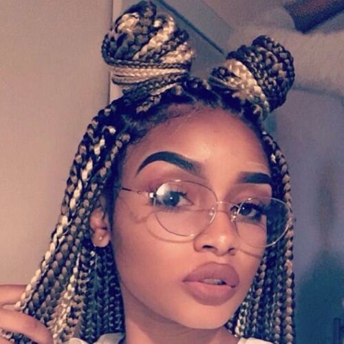 Cute Box Braids with Half Up Double Buns