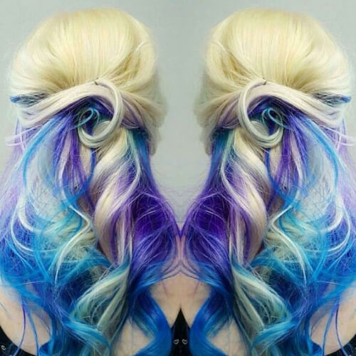 Blonde purple blue reverse ombre hair