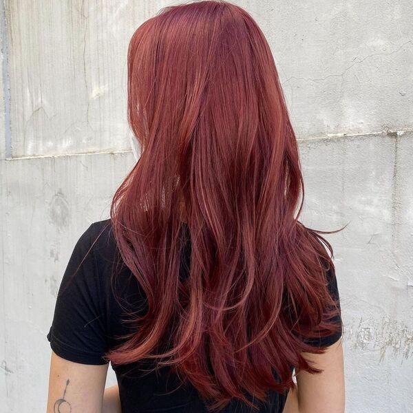 Red Brown on Long Fine Hair - a woman wearing black shirt.