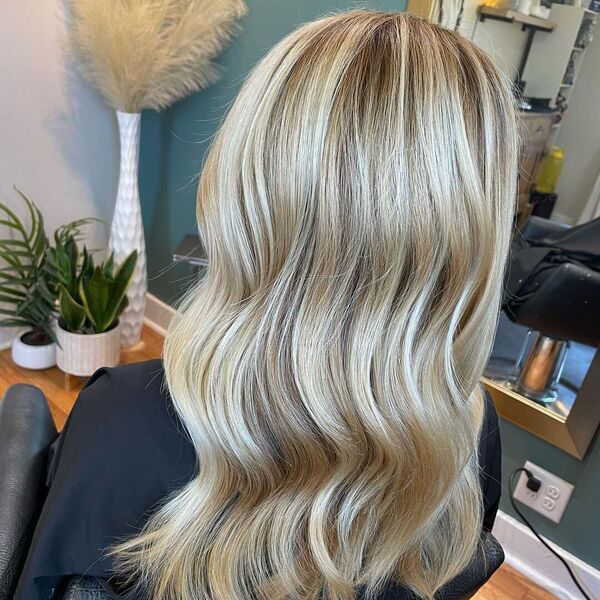 Spring Hair Blonde Balayage - a woman wearing a black cape and is sitting in a salon chair