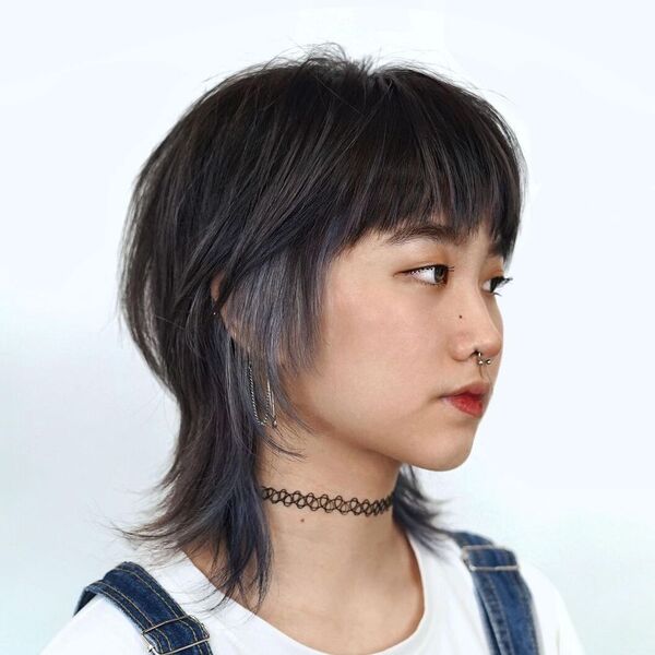 Wolf Cut with Classic Bangs Japanese Hairstyles for Women- a woman wearing accessories and a choker necklace.