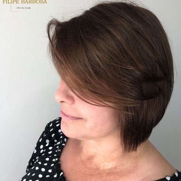 Bouncy Side Bangs Bob - a woman wearing polka blouse.