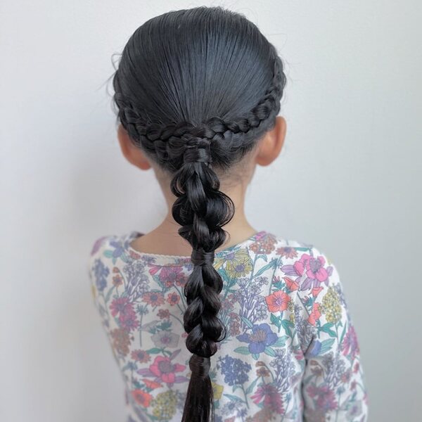 Lovely Flatten Crown Braid Pony - a girl wearing floral long sleeves.