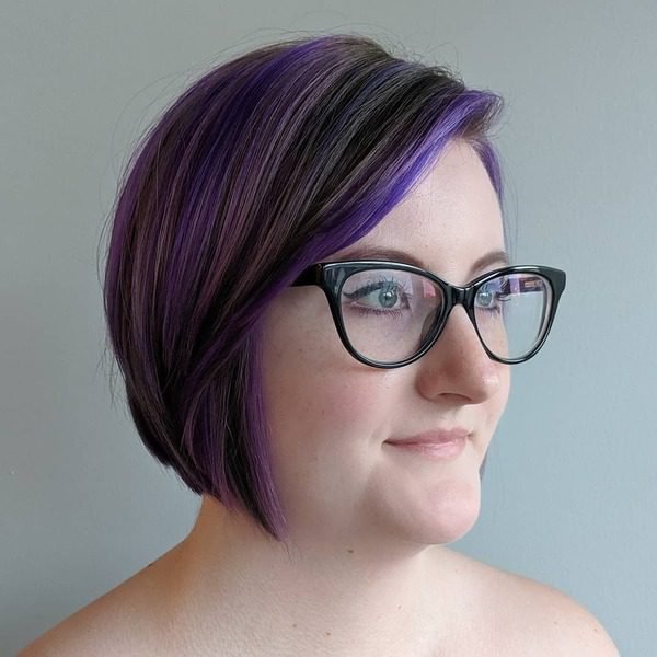 Purple Balayage Bob - a woman wearing black glasses.