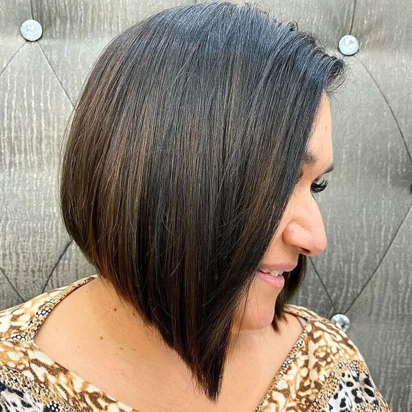 Sharp A-line Bob with Balayage Touche - a woman wearing printed top.