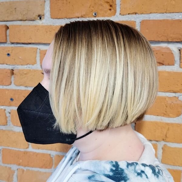 Shave Nape Dark Rooted Bob - a woman wearing black mask and dyed hood jacket.
