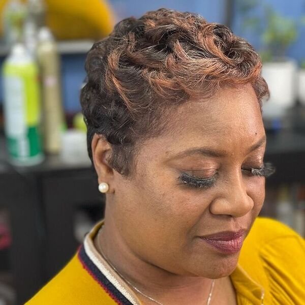 Short Pixie Weave - a woman wearing yellow blouse.