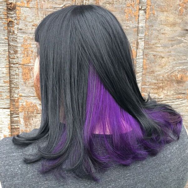 Under Layer Purple Tone on Black hair - a woman wearing gray shirt.