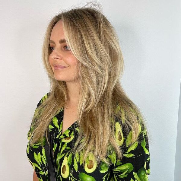 Blonde Layered Haircut - a woman wearing a printed avocado polo shirt