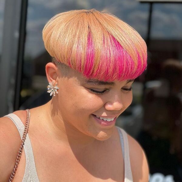 Brown Pink Mushroom Haircut - a woman wearing gray tank top