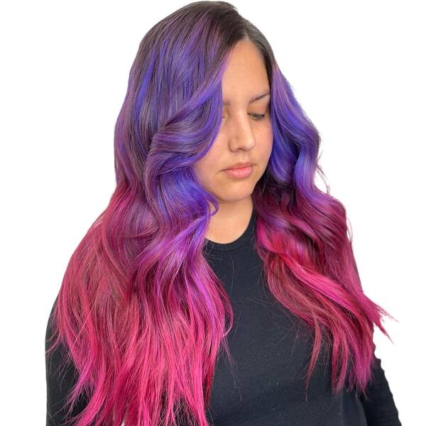 Long Pink Purple Mermaid Hair - a woman wearing a black longsleeve