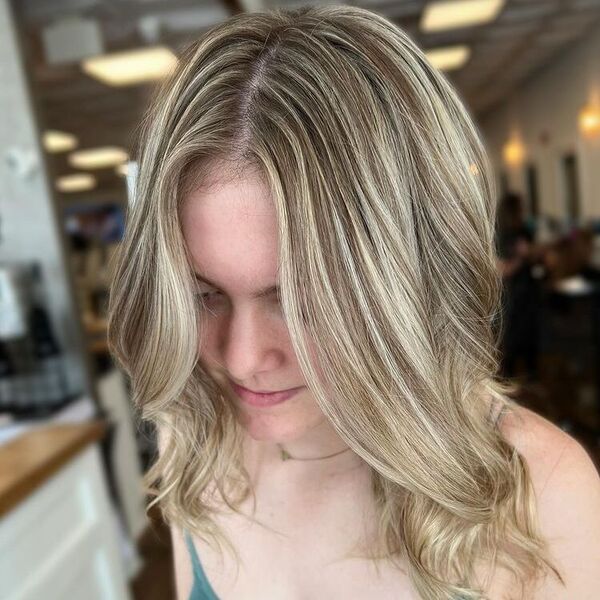 Middle Parted Balayage Hair - a woman inside a salon