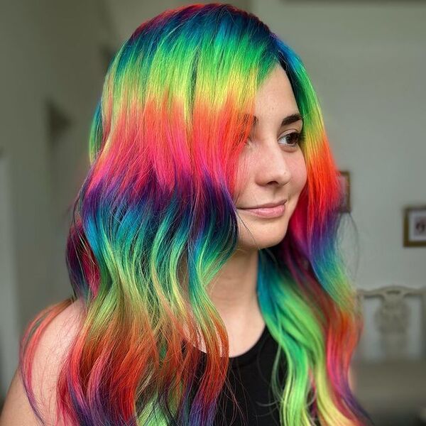 Neon Rainbow Hair - a woman wearing a black a black top