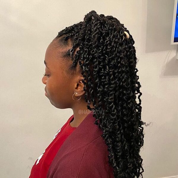 Passion Twists Half Pony -a woman wearing red shirt and cardigan