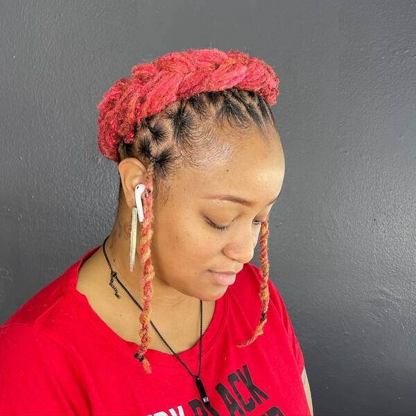 Pink Dreaded Halo Style - a woman with necklace wearing a red printed shirt