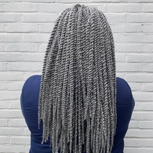 Silver Gray Twist Hairstyles - a woman wearing blue top