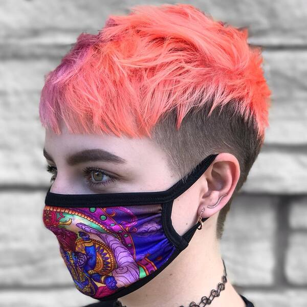 Spiky Split Dyed Edgy Pixie - a woman wearing printed mask