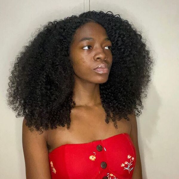 Afro Curls on a Black Hair - a woman wearing a red tube top