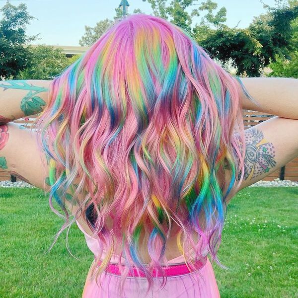 Bright Holographic Hair - a woman wearing a pink dress
