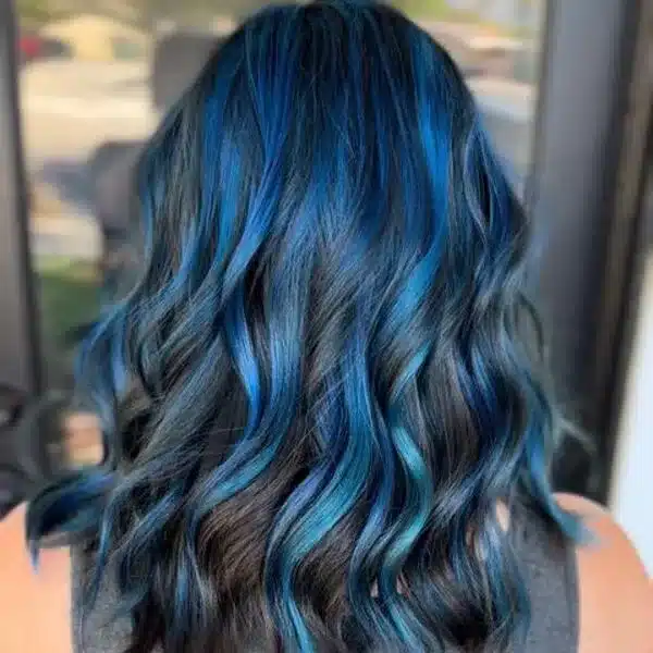 Shiny Curly Hair with Dark Blue Highlights
